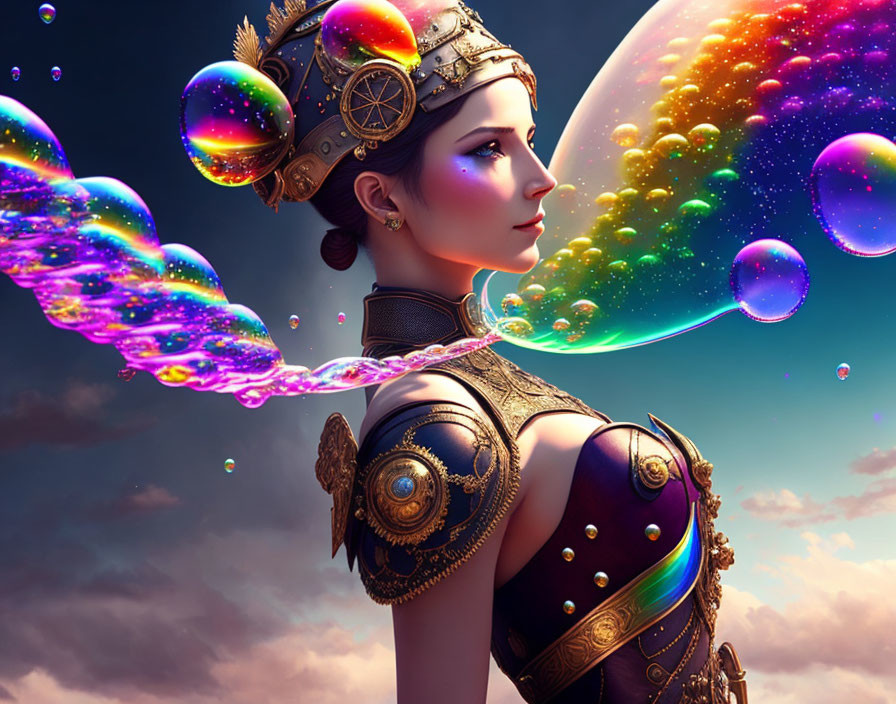 Digital artwork of woman in intricate armor and helmet with colorful soap bubble swirl