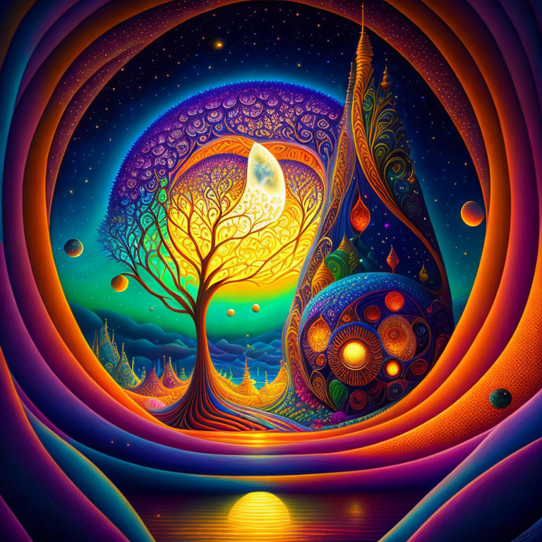 Colorful Psychedelic Artwork: Luminous Tree, Celestial Bodies, Swirling Patterns