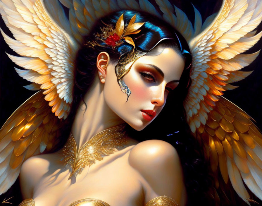 Digital artwork featuring woman with golden wings and regal headwear