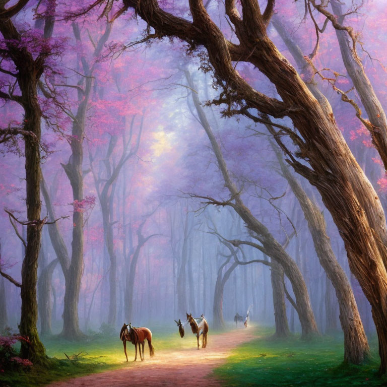 Enchanting forest path with towering trees and mist, featuring two horses in mystical setting