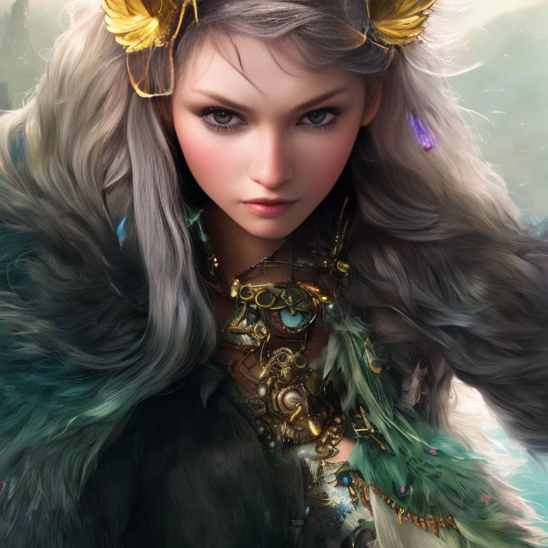 Fantasy character with silver hair, golden headpiece, green and gold armor