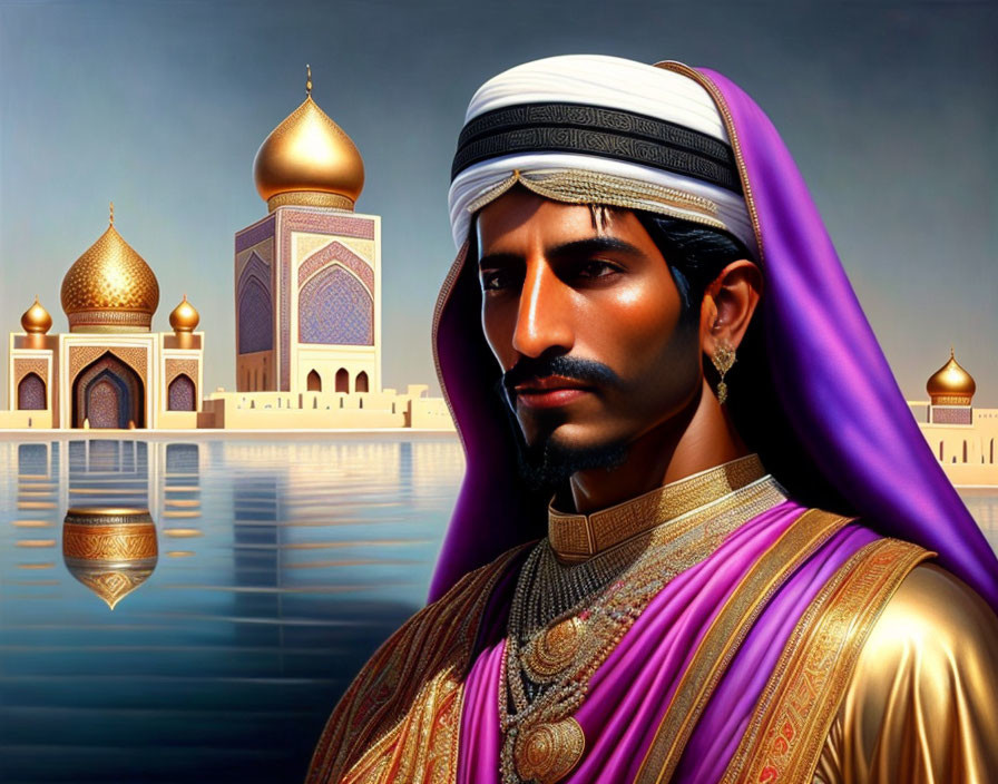 Man in Traditional Middle Eastern Attire by Serene Lake and Ornate Buildings