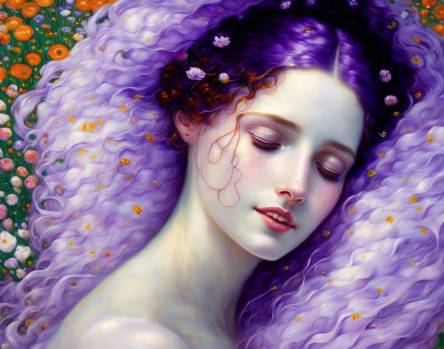 Woman with Purple Hair and Flowers in Vibrant Nature Setting