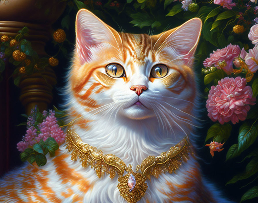 Orange and White Cat with Golden Necklace Surrounded by Pink Flowers