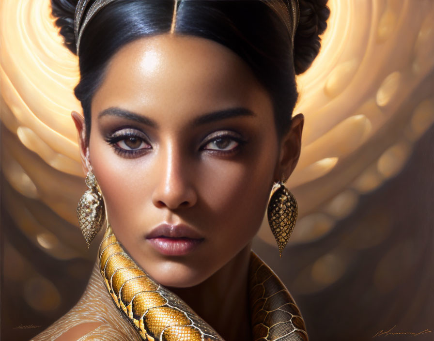 Digital Portrait of Woman with Striking Eyes and Gold Jewelry Coiled Snake on Neck