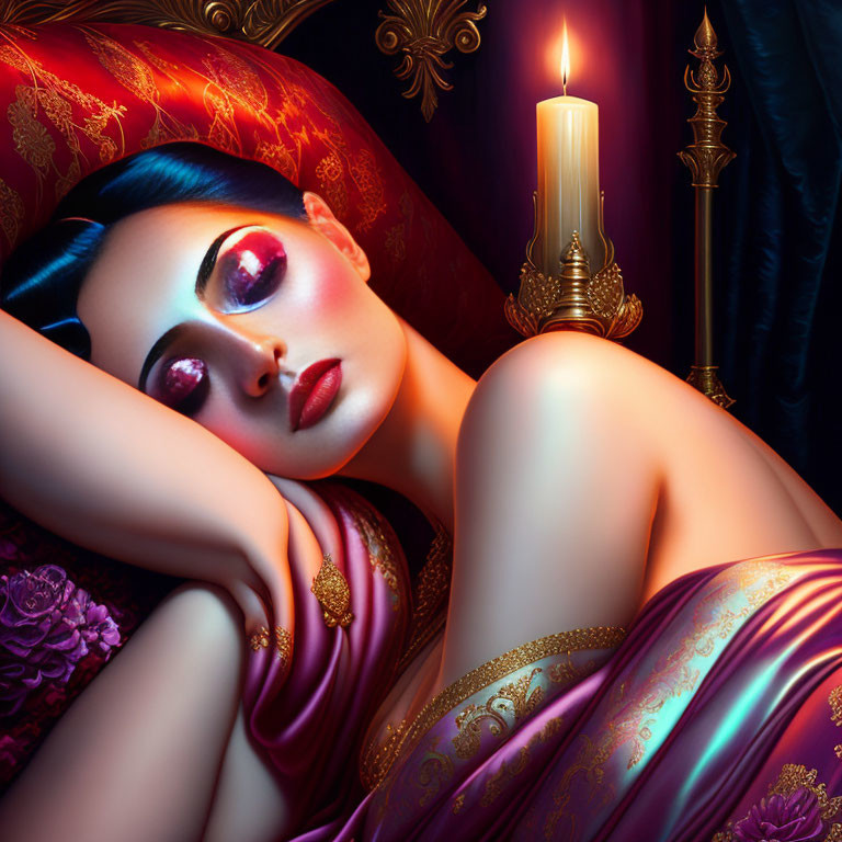 Luxurious Woman with Striking Makeup and Candle in Opulent Setting