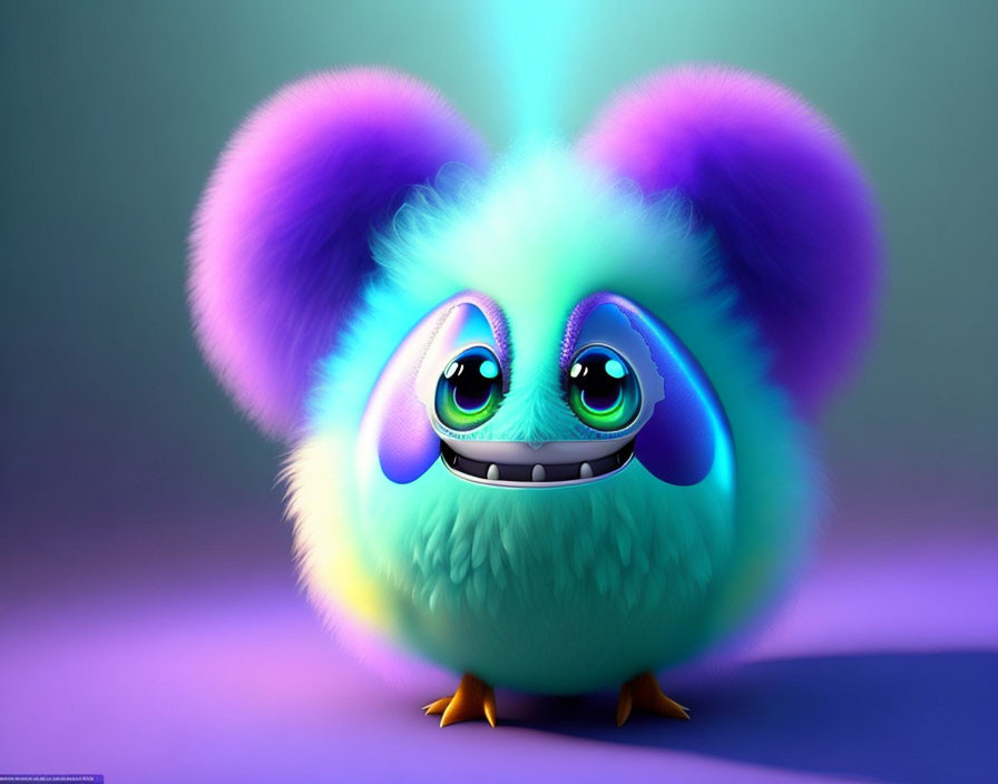 Colorful fluffy spherical creature with large sparkling eyes and purple ears on purple background