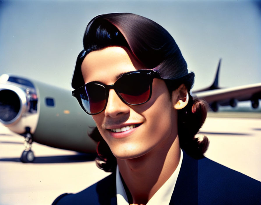 Person with slicked-back hair and sunglasses smiling in front of airplane on sunny day