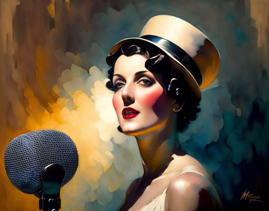 Vintage-Style Portrait of Woman with Hat at Old-Fashioned Microphone