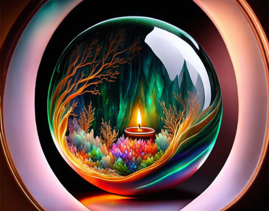 Colorful digital artwork: Candle with coral in reflective sphere