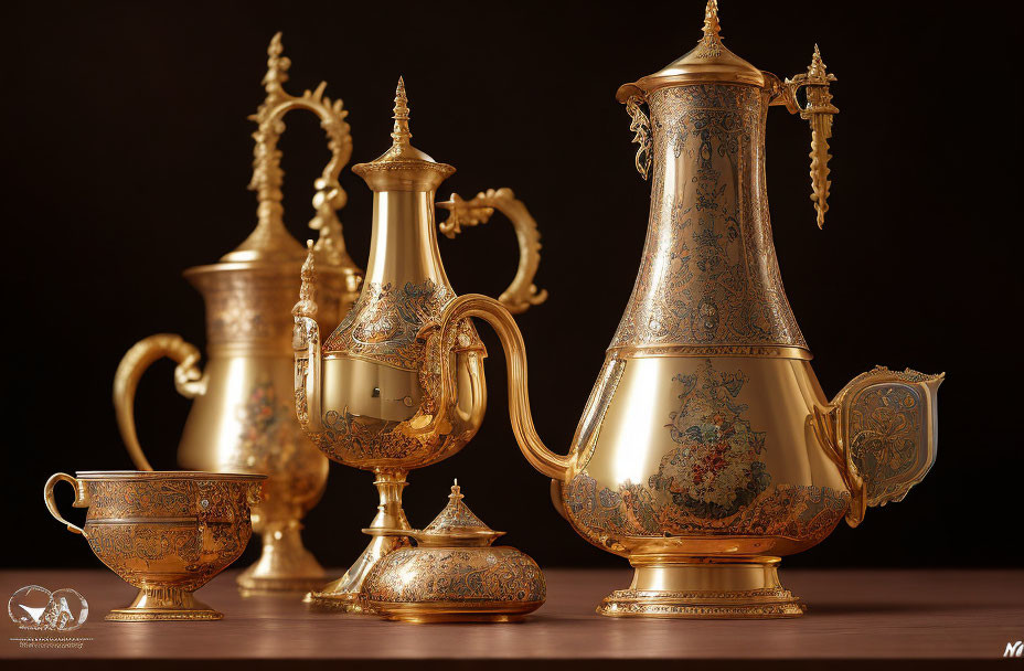 Traditional Middle Eastern Golden Teapots and Cup with Elaborate Designs