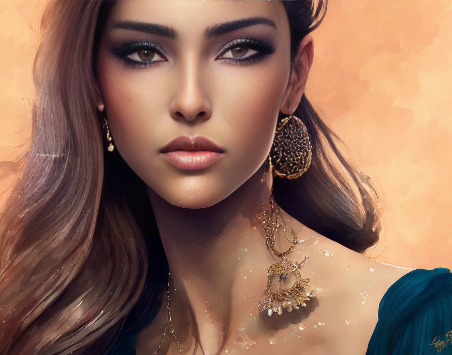 Portrait of woman with striking makeup, gold jewelry, turquoise garment on warm background