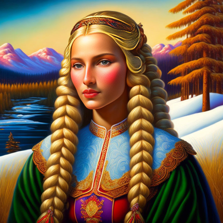 Traditional Attire Woman Painting in Mountain Landscape