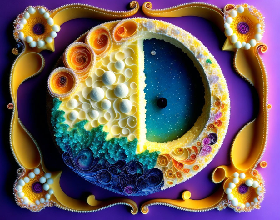 Colorful Fractal Image with Spirals and Patterns in Yellow, Blue, and Purple