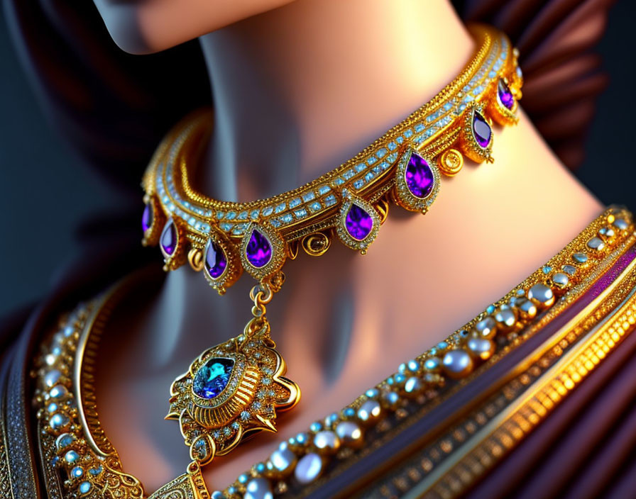 Gold Necklace with Purple Gemstones & Intricate Designs on Person's Neck