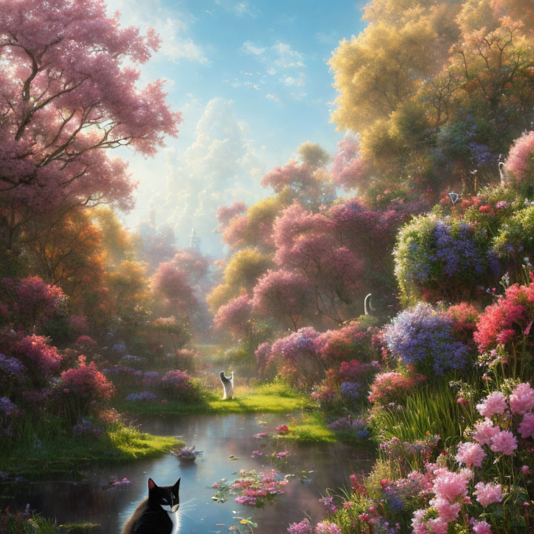 Tranquil garden scene with stream, blooming trees, colorful flowers, and curious cat.