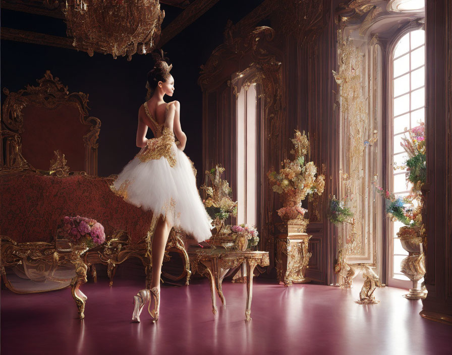 Elegant Ballerina in White Tutu and Pointe Shoes in Luxurious Room