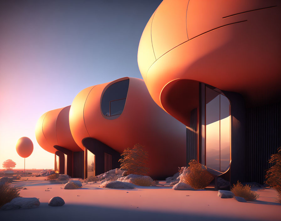 Modern orange pod homes with large windows in snowy sunset landscape