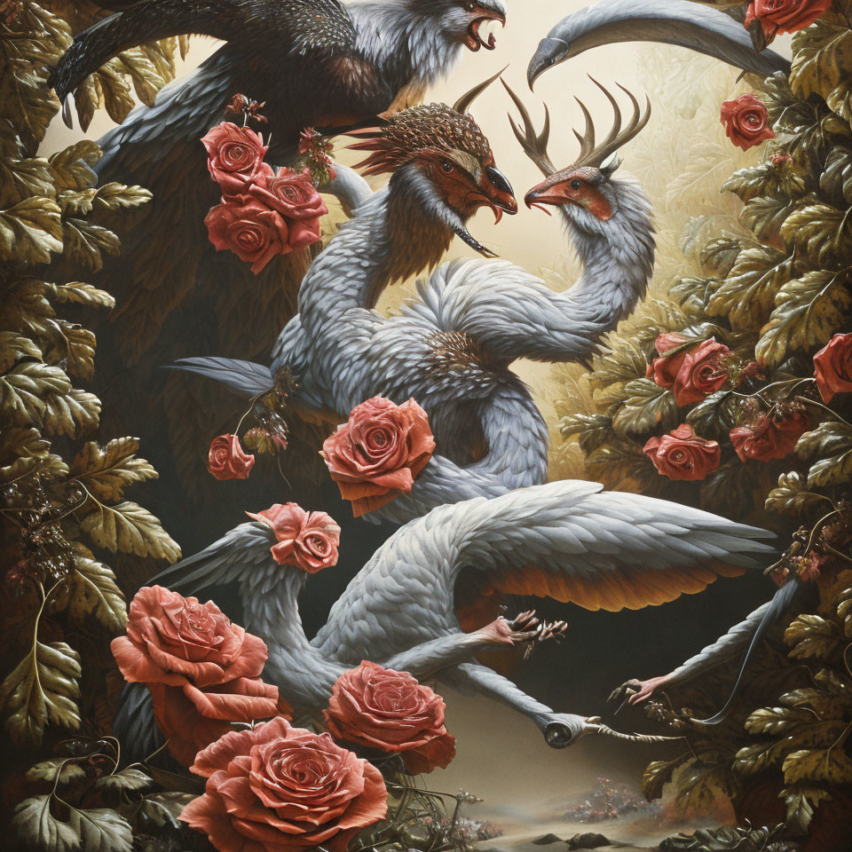 Surreal painting featuring three roosters with antlers in red roses