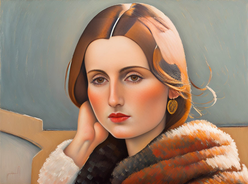 Portrait of woman in striped fur coat with contemplative expression