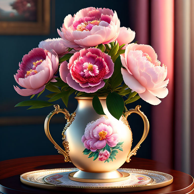 Pink peonies in golden vase on dark backdrop