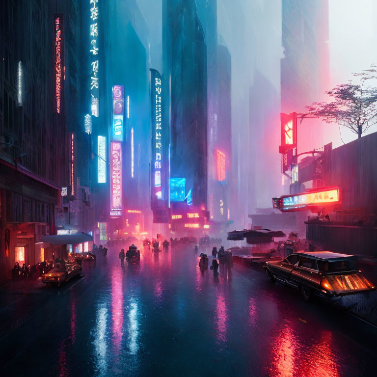 Futuristic neon cityscape with skyscrapers and vintage vehicles