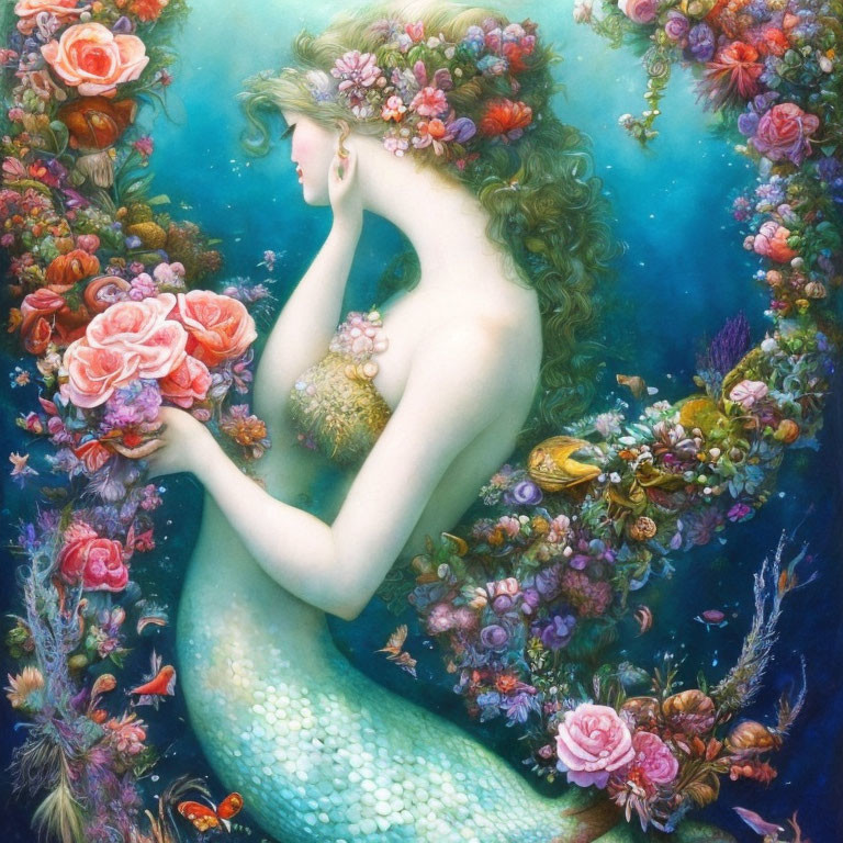 Mermaid with green hair and floral crown in vibrant underwater garden