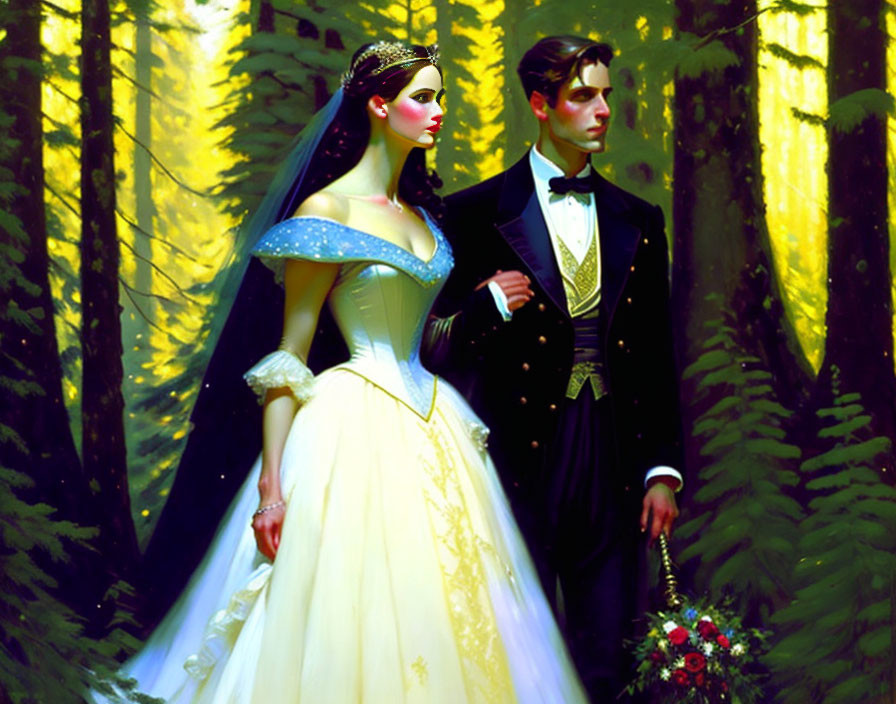 Bridal couple in elegant attire in sunlit forest - bride in white gown, groom in black