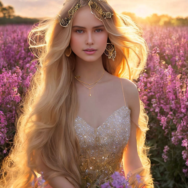 Blonde Woman with Gold Jewelry in Purple Flower Field at Sunset