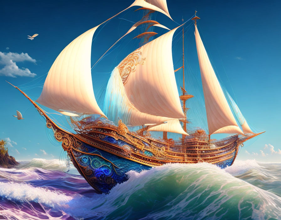 Ornate sailing ship on vibrant ocean with blue sky