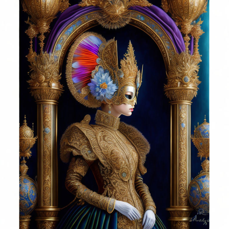 Regal figure in ornate gold costume with peacock feather headdress on blue and gold backdrop