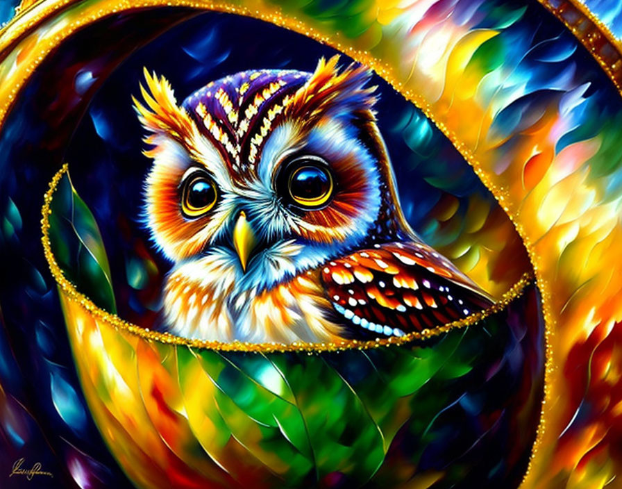 Colorful Owl Illustration with Intricate Patterns and Luminous Background