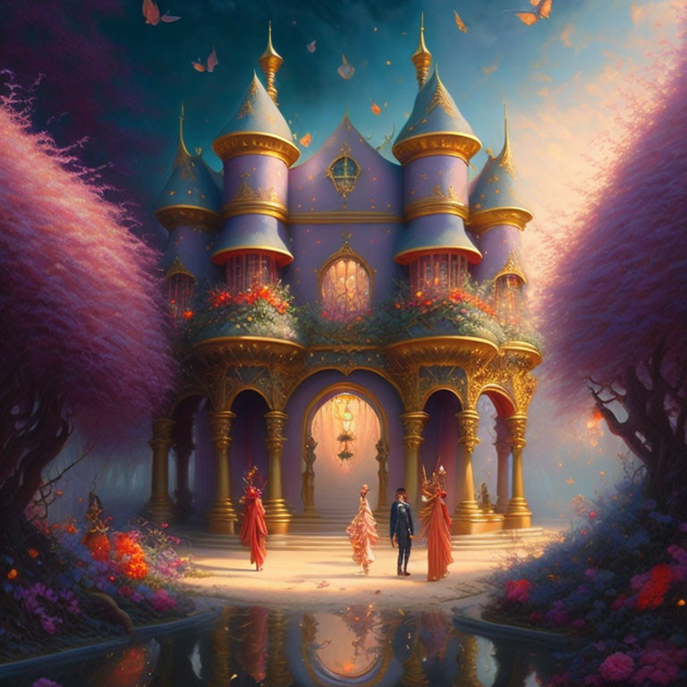 Enchanted castle with golden spires and pink trees, couple in formal attire walking by a reflective