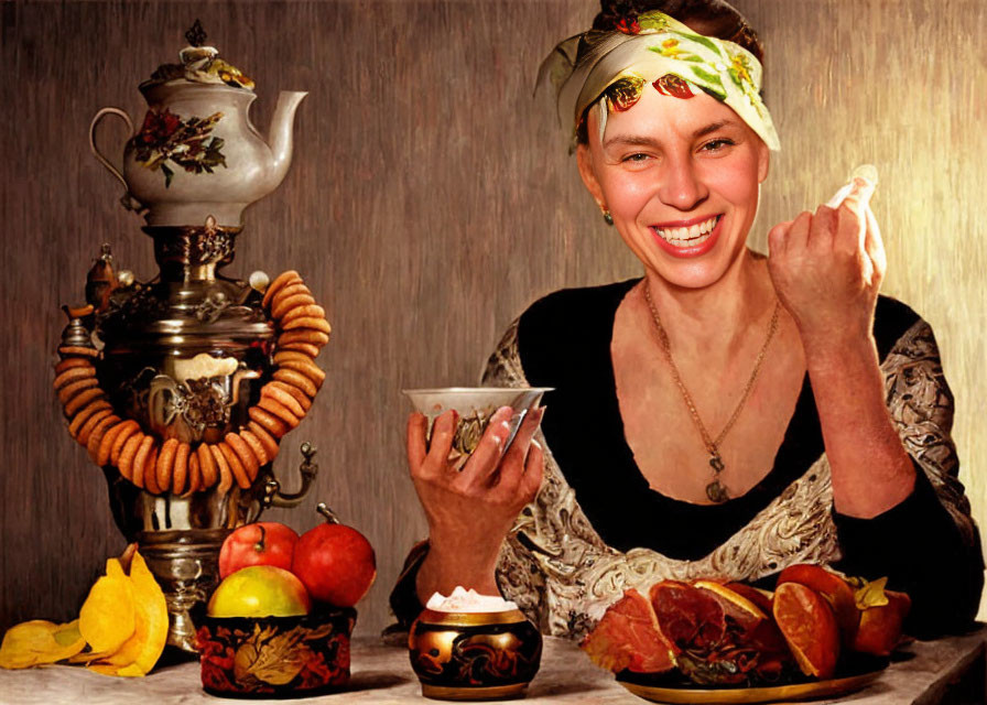 Smiling woman with headscarf, samovar, bread, and fruits on table