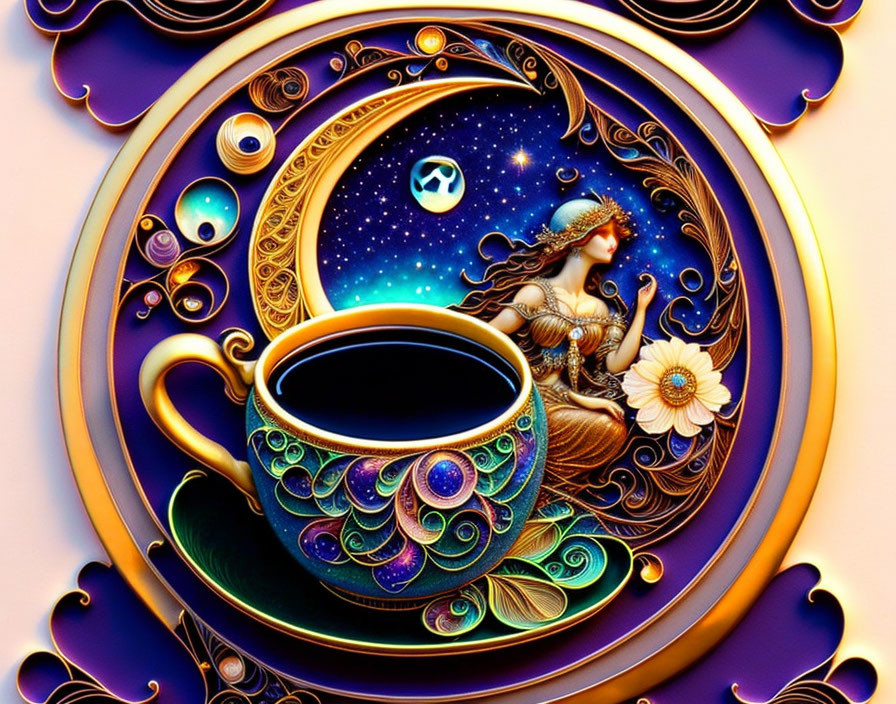 Ornate cosmic coffee cup with celestial woman in digital artwork