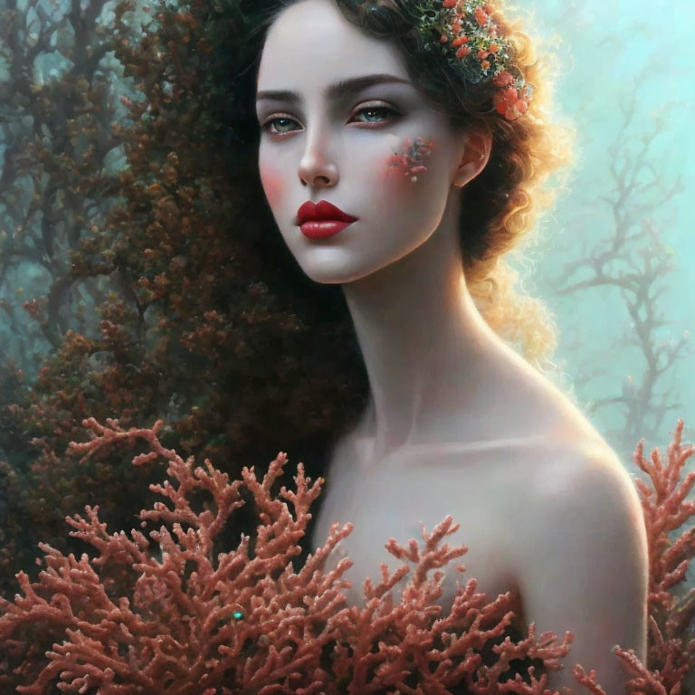 Woman with Floral Wreath Surrounded by Coral in Dreamy Setting