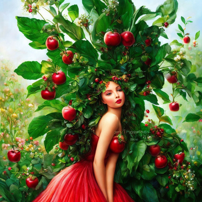 Mother Nature depiction with apples and green foliage in hair against floral backdrop