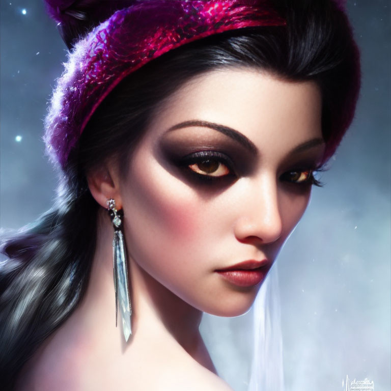 Close-up portrait of woman with striking makeup, red headband, and silver earring against mystical background