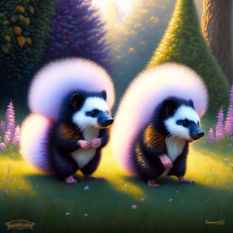 Stylized fluffy skunks in enchanted forest glade with sunbeams and flowers