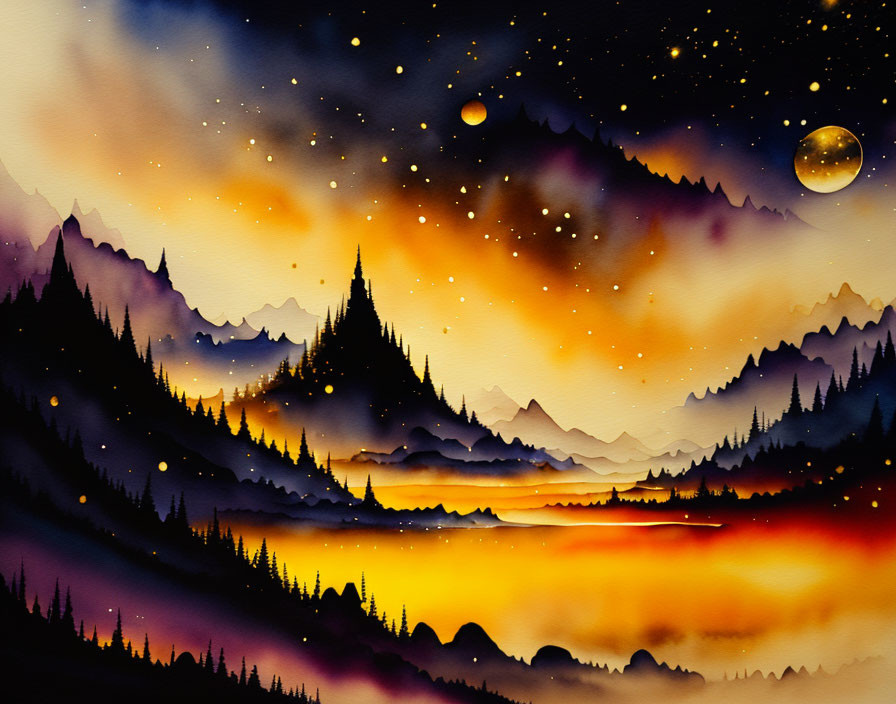 Vivid Watercolor Landscape: Mountains, Starry Sky, Dual Moons