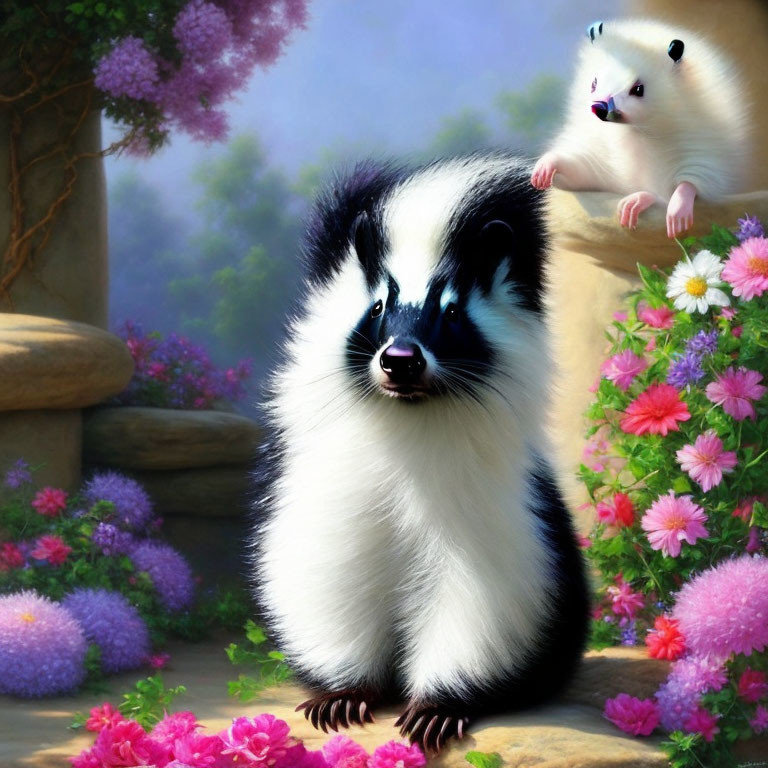 Illustrated skunk with blue eyes in colorful flower setting