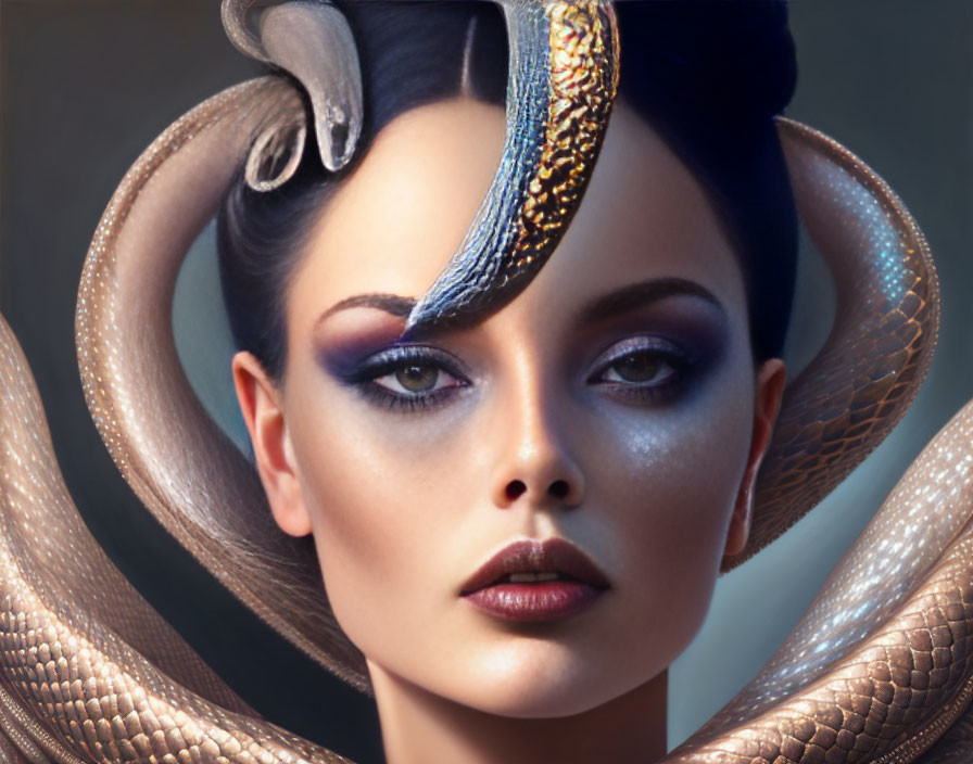 Close-up of woman with dark eye makeup and snakes in hair resembling modern Medusa.