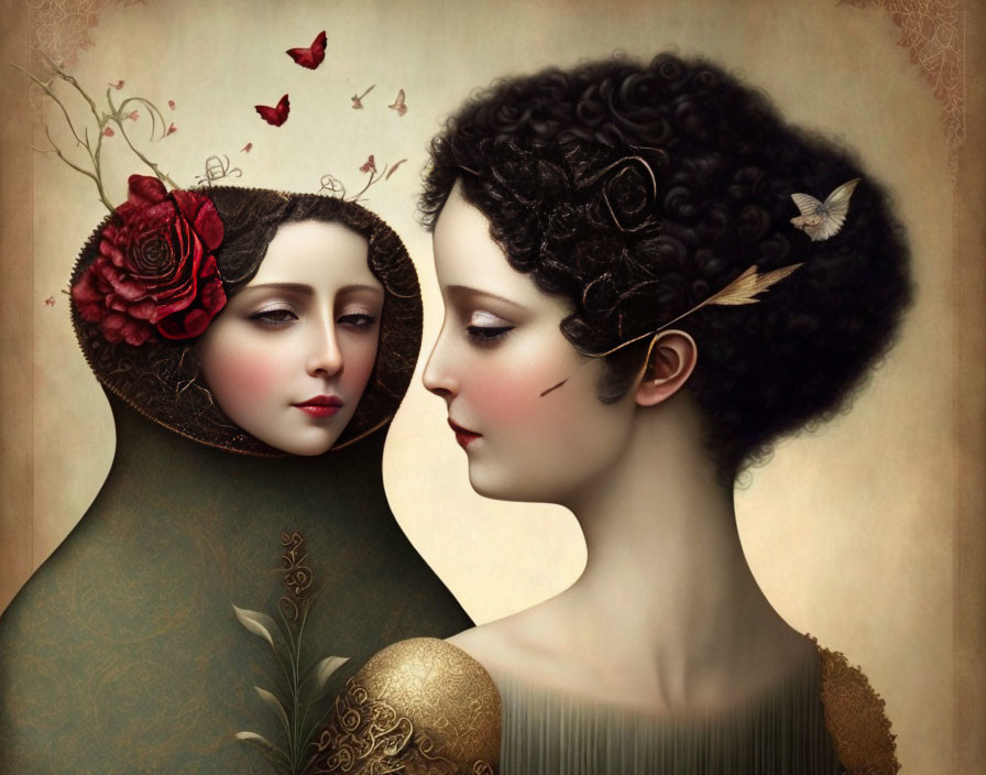 Victorian-themed digital artwork of two women with red rose and butterflies