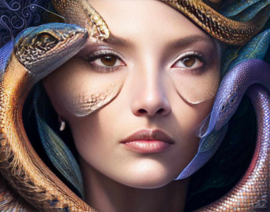 Mystical woman with ornate headgear and serpentine creatures in artwork