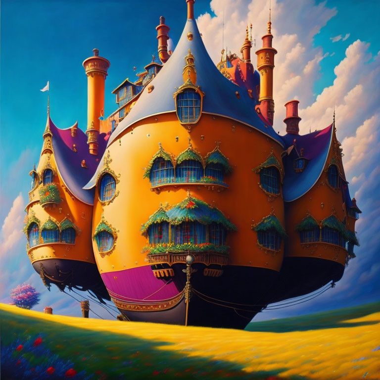 Whimsical round fantasy castle floating above colorful flower field