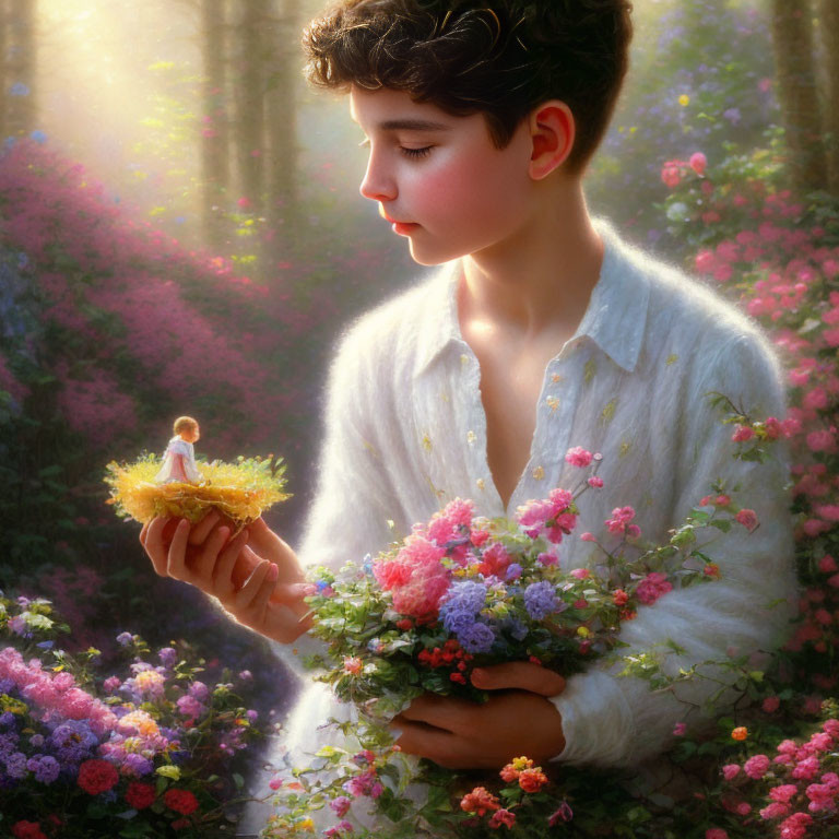 Boy in white shirt holding bird nest among vibrant flowers in soft light