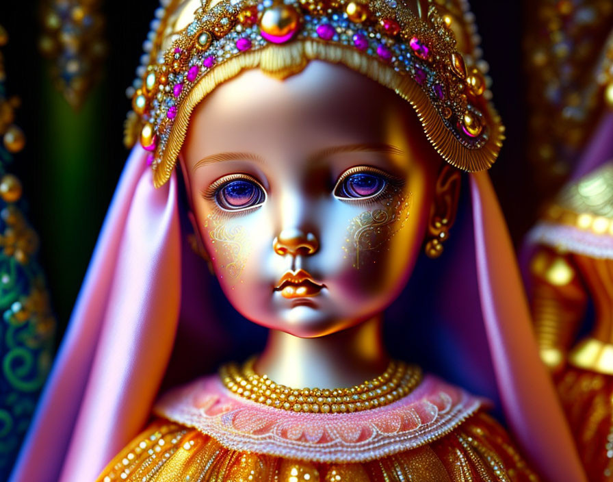 Detailed digital artwork of doll with golden headdress and ornate attire