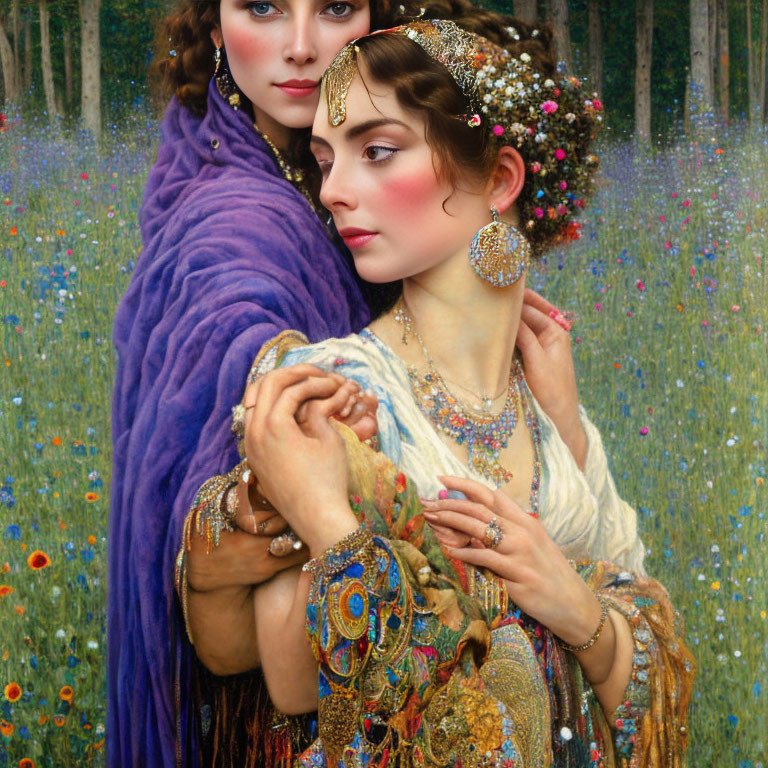 Detailed Painting: Two Women in Ornate Clothing and Jewelry in Lush Forest