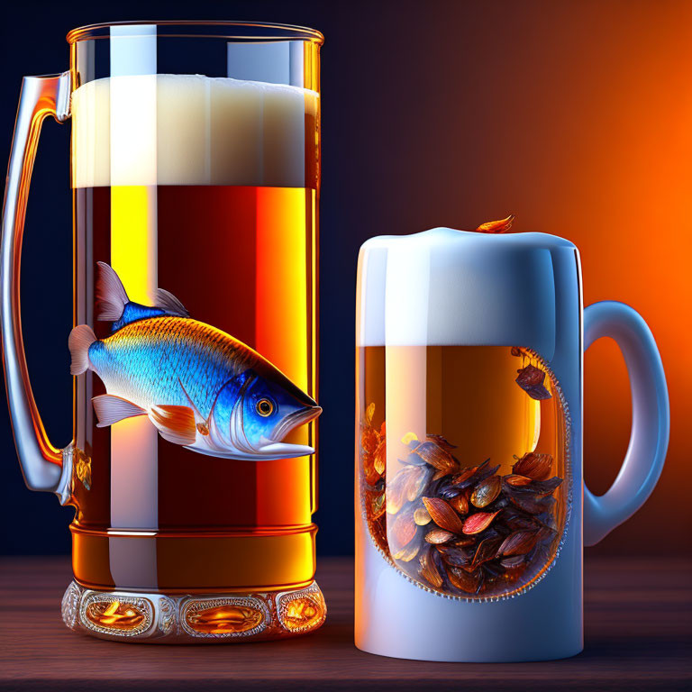 Ornate stein glasses with layered beer, fish, and pretzels on amber background