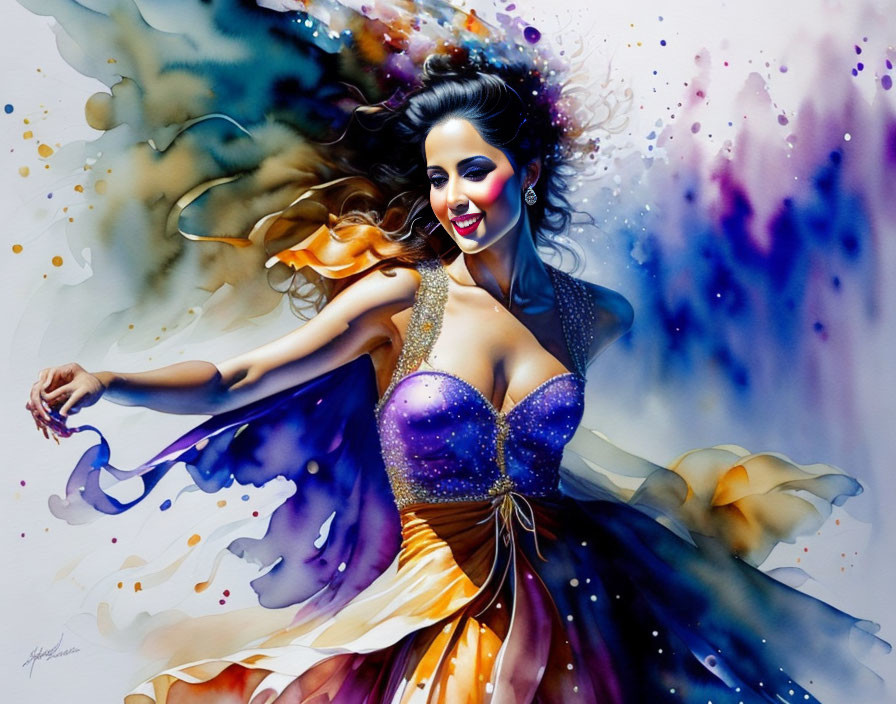 Colorful Watercolor Painting of Woman Dancing in Flowing Dress